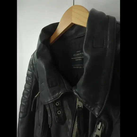 ALLSAINTS Women's Sz 4 S STEINE Black Leather Motorcycle Rider Zip Jacket
